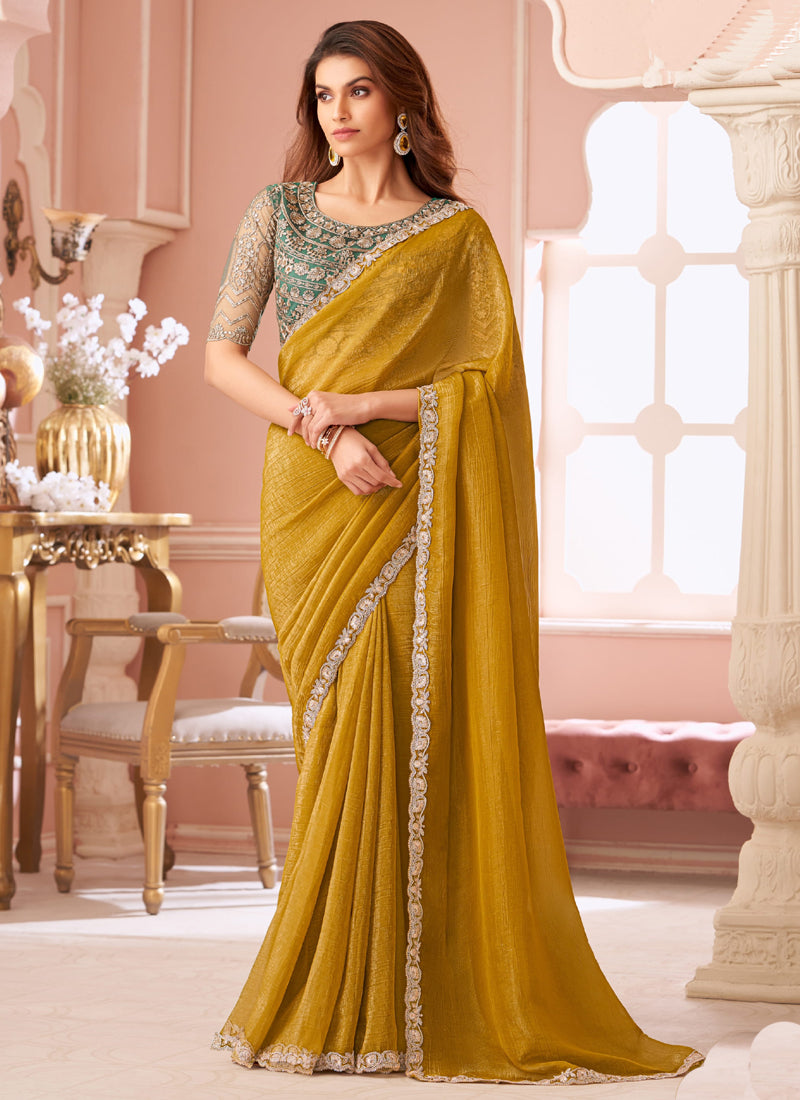 Vegaa Fashion Yellow Georgette Embroidered Party Wear Saree | Grocsy