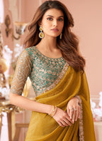 Vegaa Fashion Yellow Georgette Embroidered Party Wear Saree | Grocsy