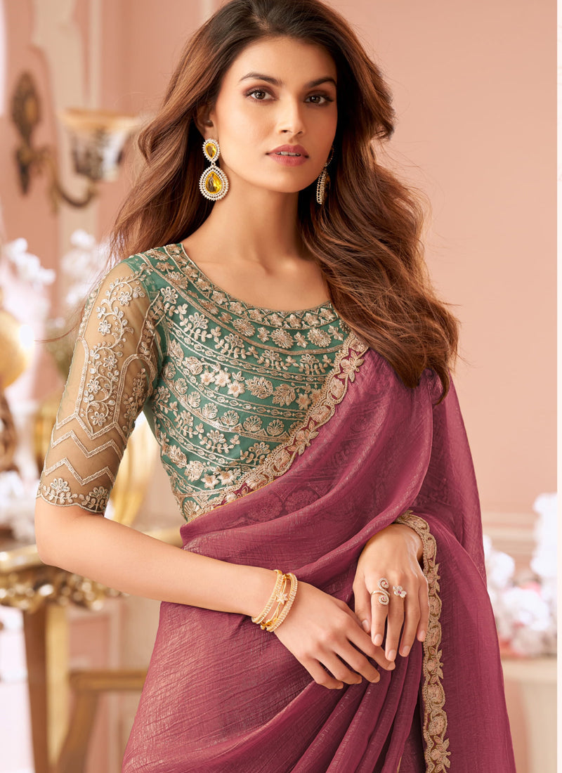 Vegaa Fashion Onion Pink Georgette Embroidered Party Wear Saree | Grocsy