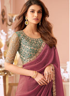 Vegaa Fashion Onion Pink Georgette Embroidered Party Wear Saree | Grocsy