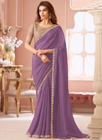 Vegaa Fashion Lavender Georgette Embroidered Party Wear Saree | Grocsy