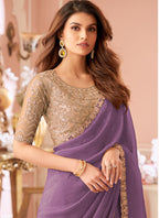 Vegaa Fashion Lavender Georgette Embroidered Party Wear Saree | Grocsy