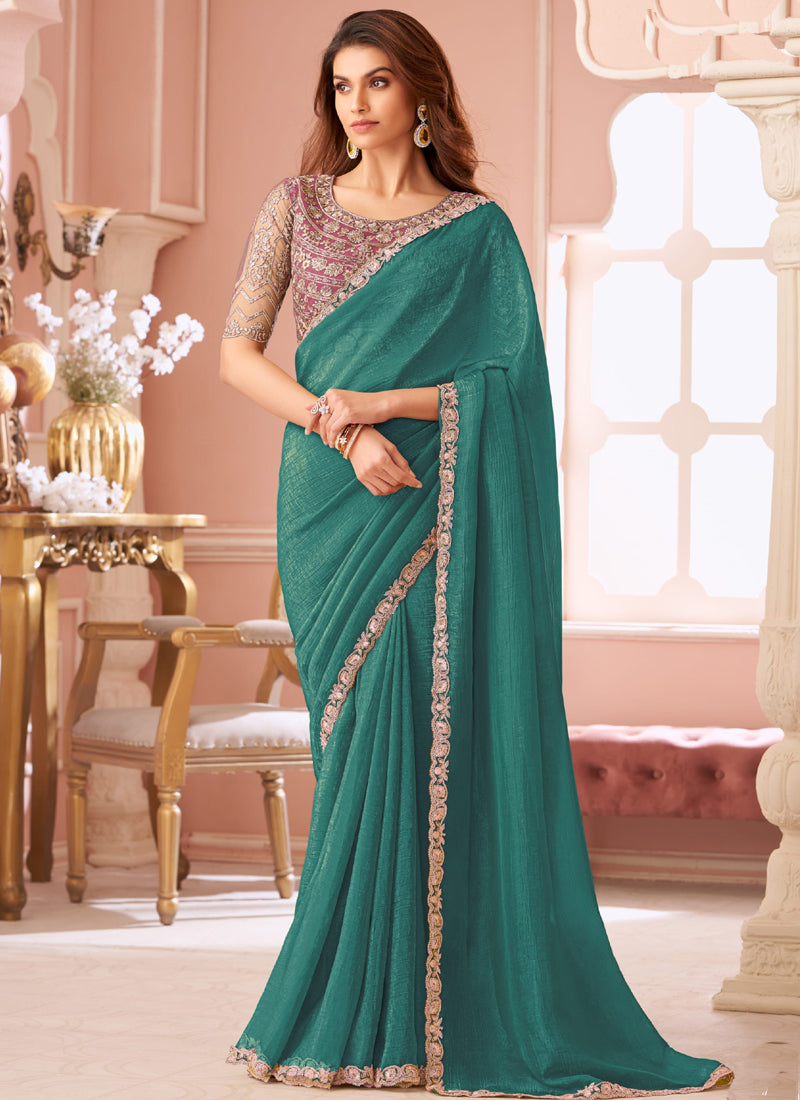 Vegaa Fashion Turquoise Georgette Embroidered Party Wear Saree | Grocsy