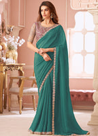 Vegaa Fashion Turquoise Georgette Embroidered Party Wear Saree | Grocsy