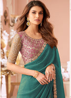Vegaa Fashion Turquoise Georgette Embroidered Party Wear Saree | Grocsy