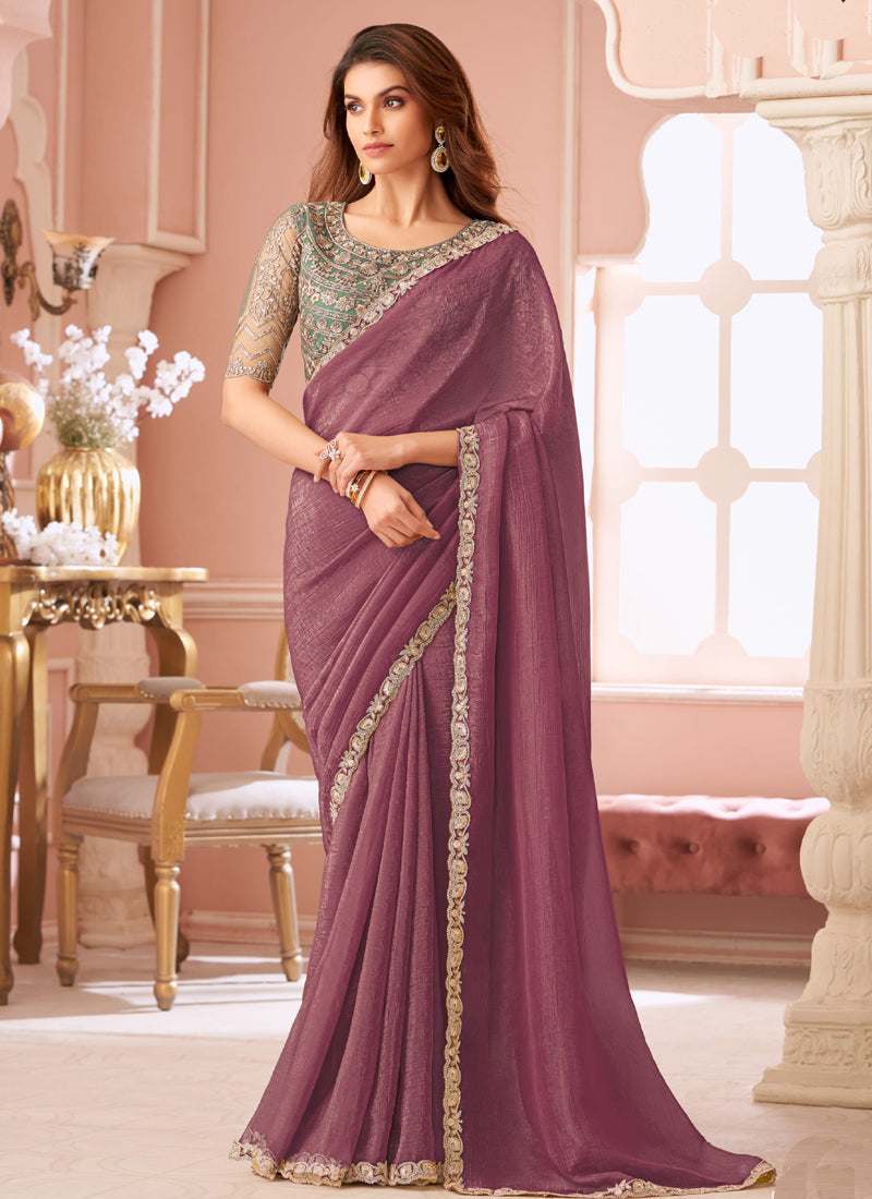 Vegaa Fashion Onion Pink Georgette Embroidered Party Wear Saree | Grocsy