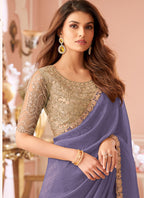 Vegaa Fashion Lavender Georgette Embroidered Party Wear Saree | Grocsy