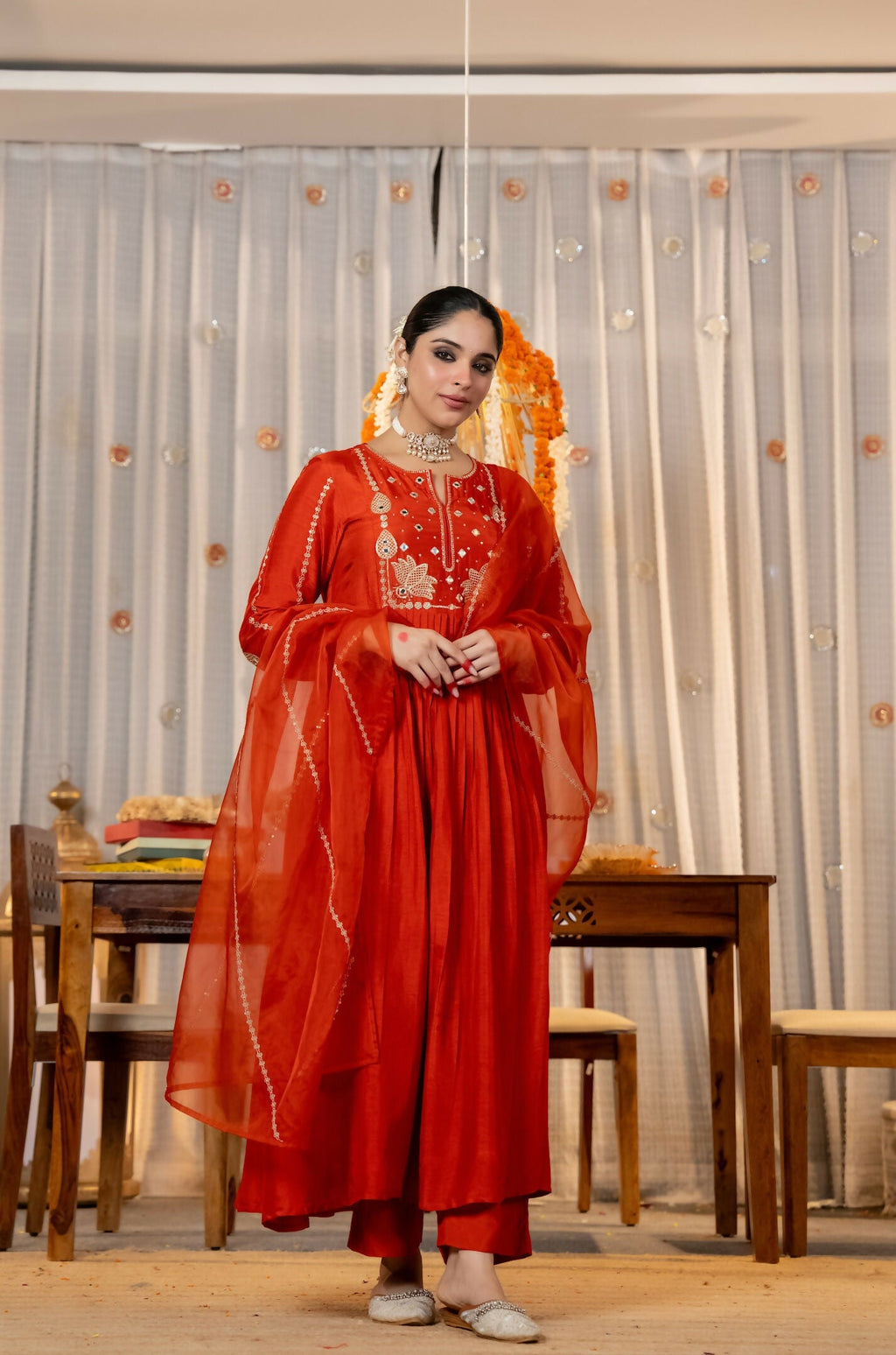 The52 Women's Gorgeous Embroidery Work Chanderi Silk Fabric Flared Kurta Pant and Dupatta Set-Orange | Grocsy