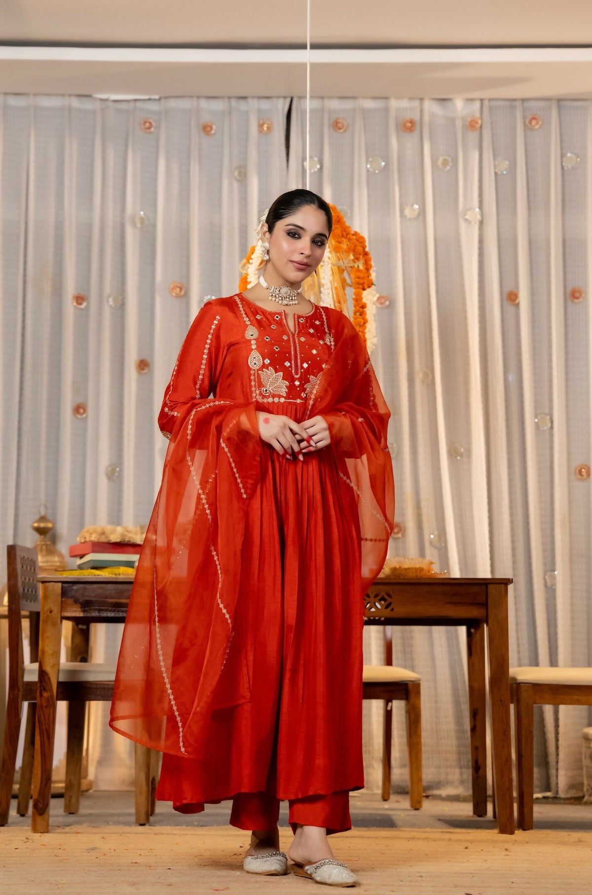 The52 Women's Gorgeous Embroidery Work Chanderi Silk Fabric Flared Kurta Pant and Dupatta Set-Orange | Grocsy