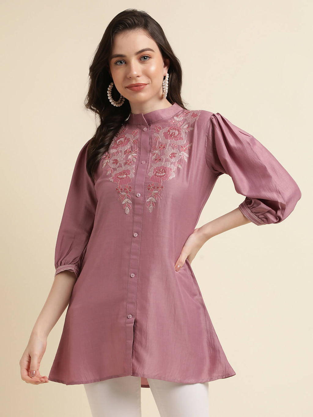 Dust Pink Chinon Yoke Embroidered A-line Top - Tarini | Grocsy