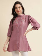 Dust Pink Chinon Yoke Embroidered A-line Top - Tarini | Grocsy
