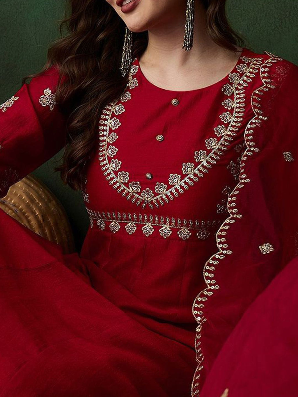 Sangria Round Neck Floral Zari Embroidered Straight Kurta with Trouser and Dupatta | Grocsy