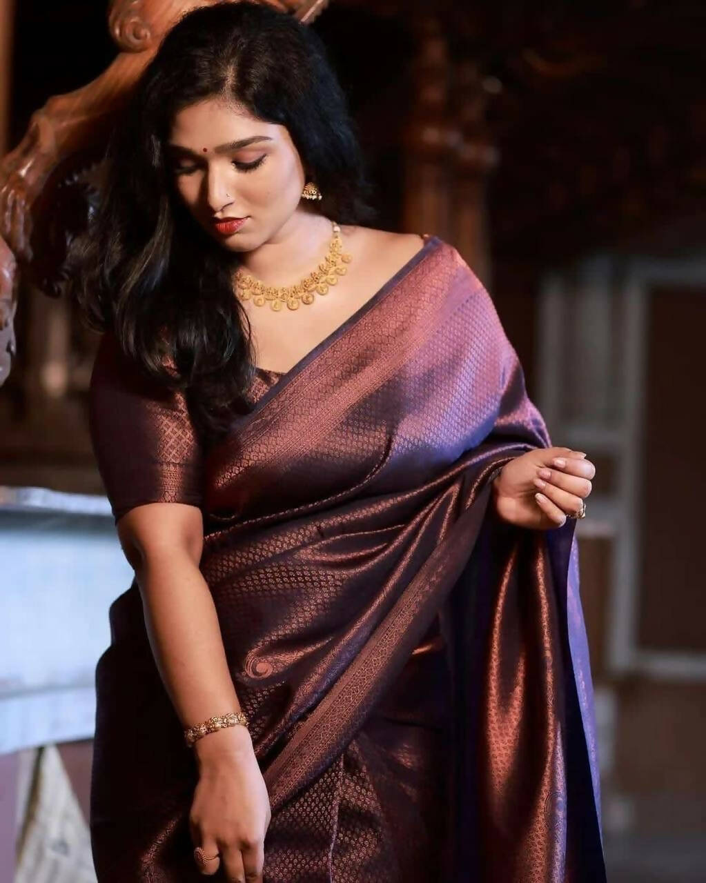 DEIANA'S Beautiful Designer Golden zari Soft Lichi Silk Saree - Purple | Grocsy