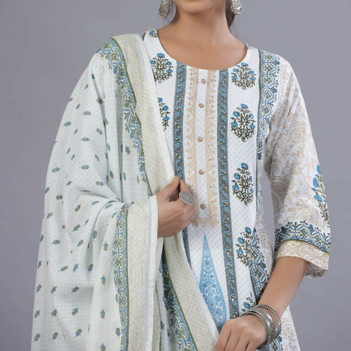 Juniper Women Blue Rayon Printed Kurta, Pants and Dupatta Set | Grocsy