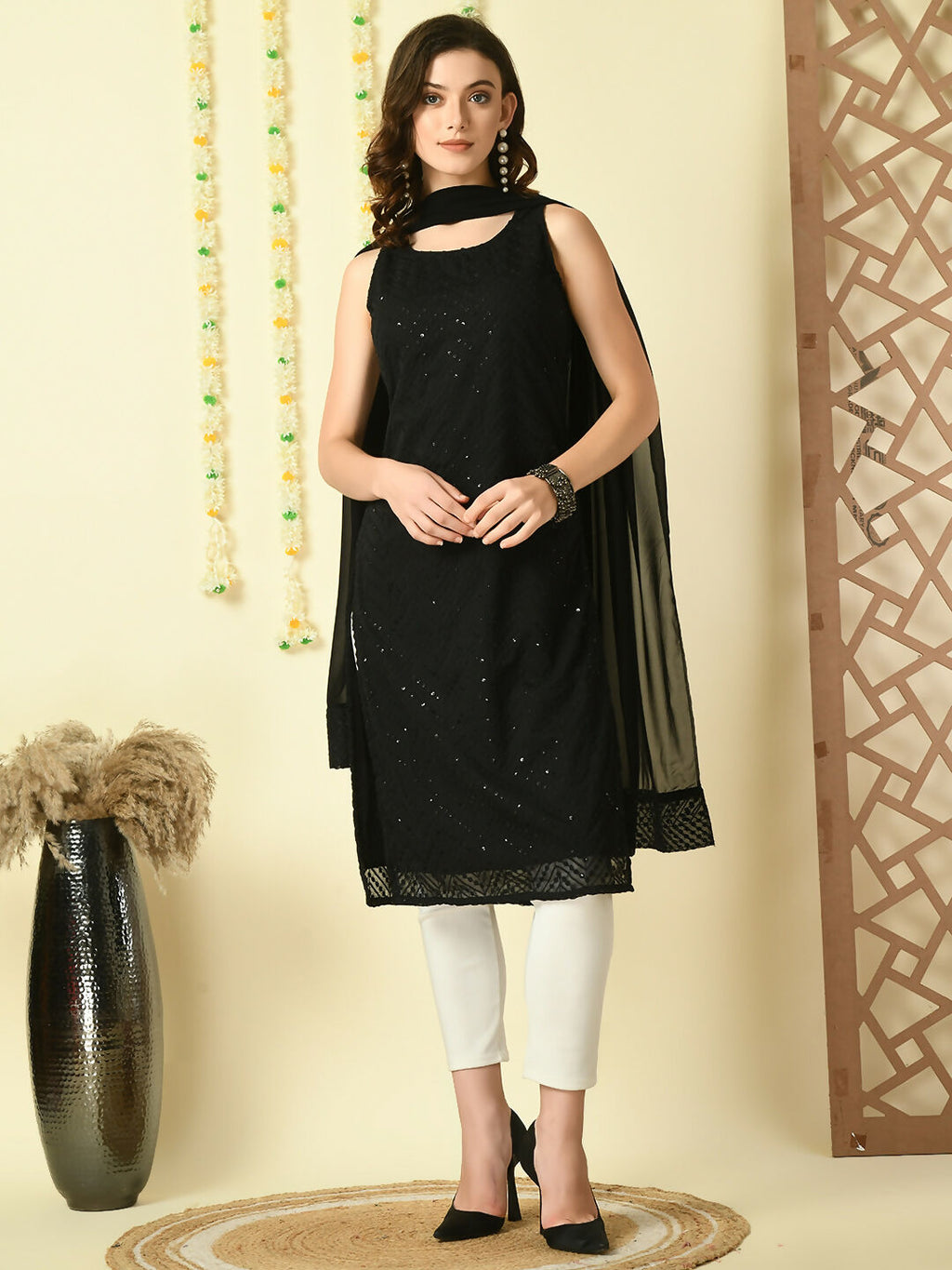 Myshka Women's Black Georgette Sleeveless Straight Party Kurta With Dupatta Set | Grocsy