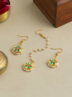 Ruby Raang Gold Green Kundan Earrings And Maang Tikka | Grocsy