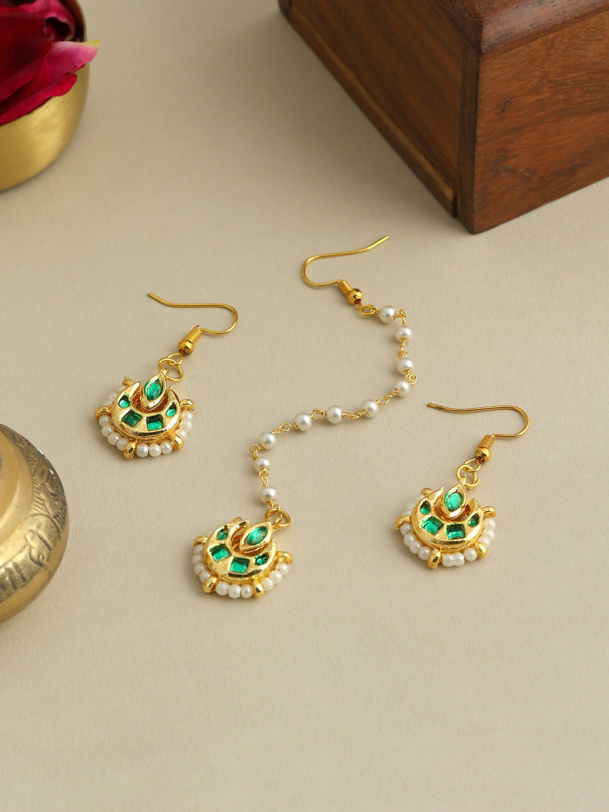 Ruby Raang Gold Green Kundan Earrings And Maang Tikka | Grocsy