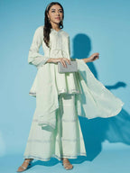 Myshka Women Green Solid Kurta & Palazzos With Dupatta | Grocsy