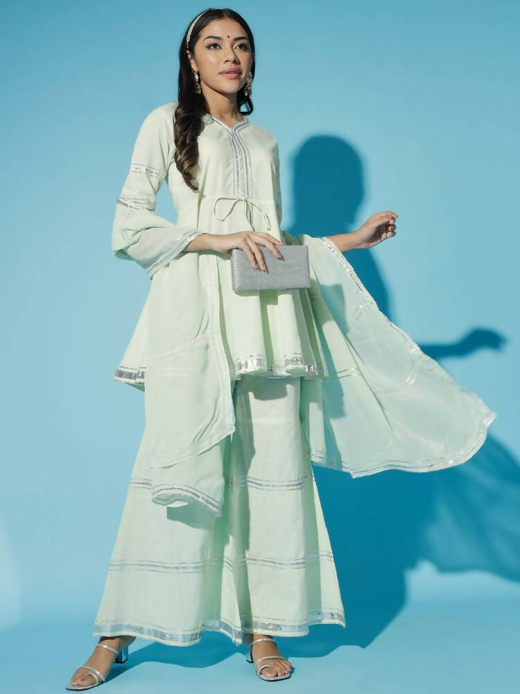 Myshka Women Green Solid Kurta & Palazzos With Dupatta | Grocsy