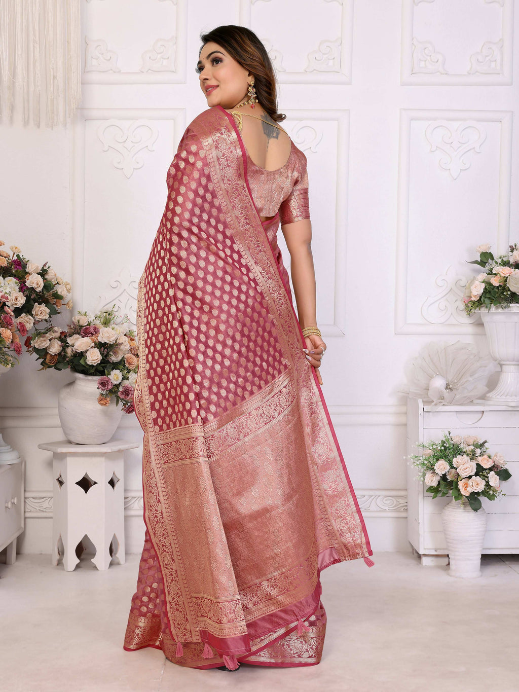 Aastha Fashion Light Pink Organza Silk Weaving Saree | Grocsy