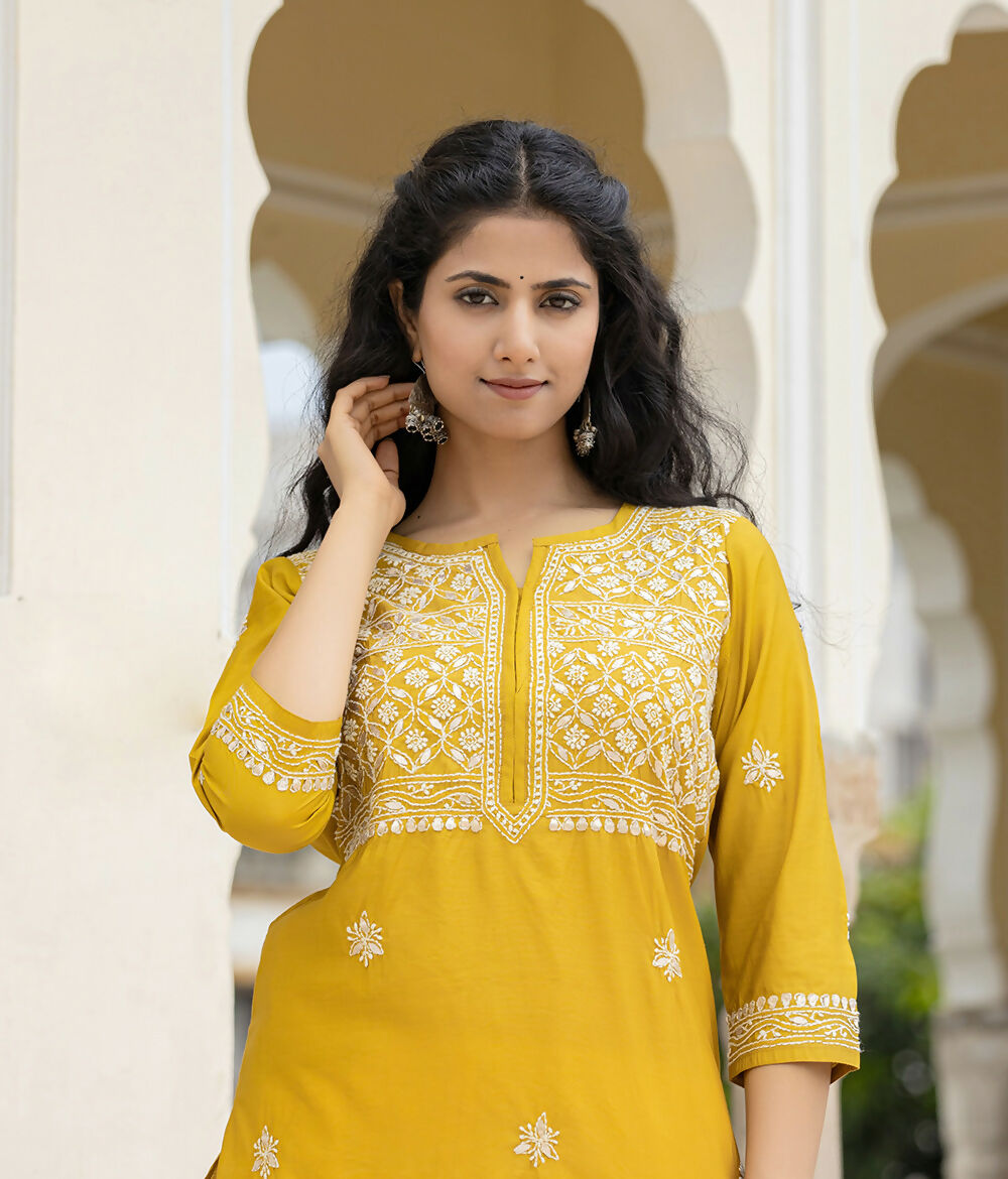 Kaajh Women's Mustard Chikhankari Embroidered Kurta Pant Set | Grocsy