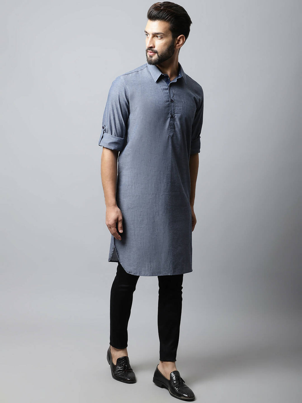 Even Apparels Grey Color Pure Cotton Solid Men's Kurta With Shirt Collar (MMS149) | Grocsy