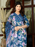 Miravan Women's Cotton Floral Angrakha Kurta And Palazzo With Dupatta Set | Grocsy