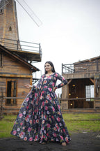 Aayaa Designer Printed Georgette Full Flare Gown With Dupatta - Multi Color | Grocsy