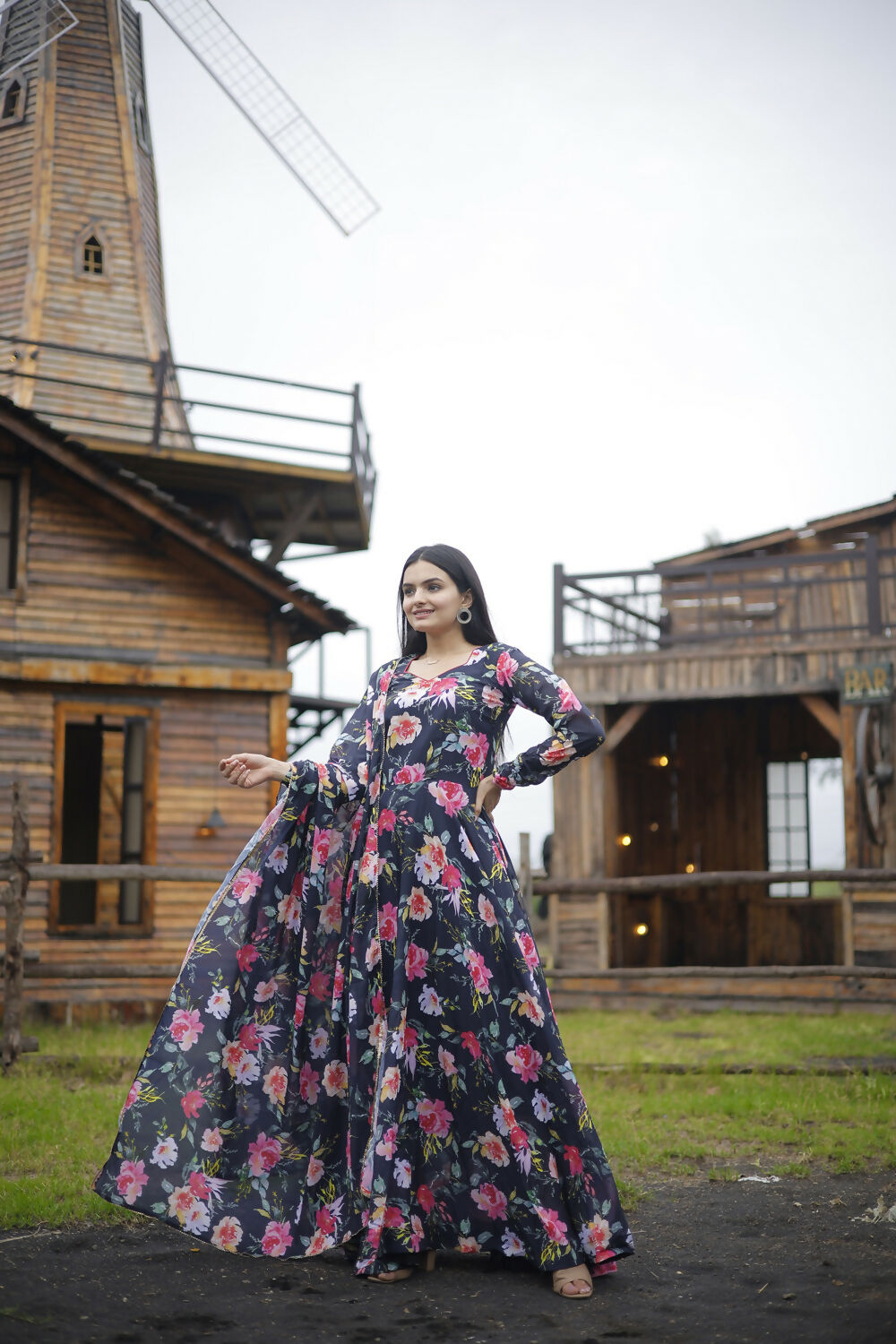 Aayaa Designer Printed Georgette Full Flare Gown With Dupatta - Multi Color | Grocsy