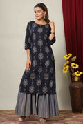 Miravan Women's Blue & Grey Printed Pure Cotton Kurta With Sharara | Grocsy