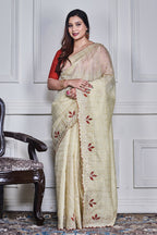 Morchari Beige Kota Check Zari Embroidery Saree Unstitched Blouse | Grocsy