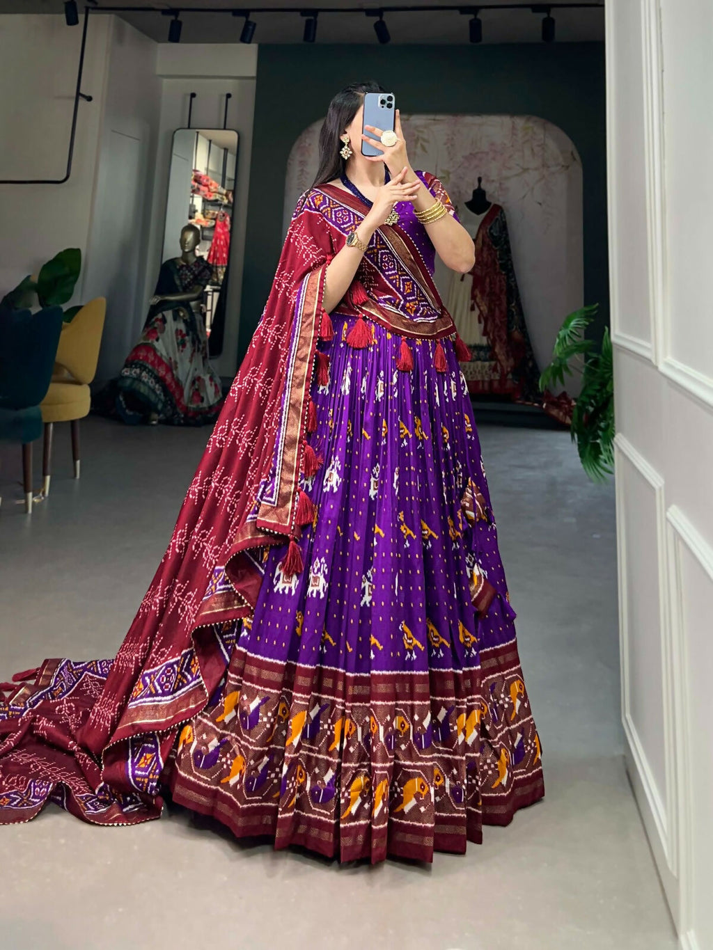 Vastranavya Traditional Ikkat Patola Print Tussar Silk Lehenga Choli - Purple | Grocsy
