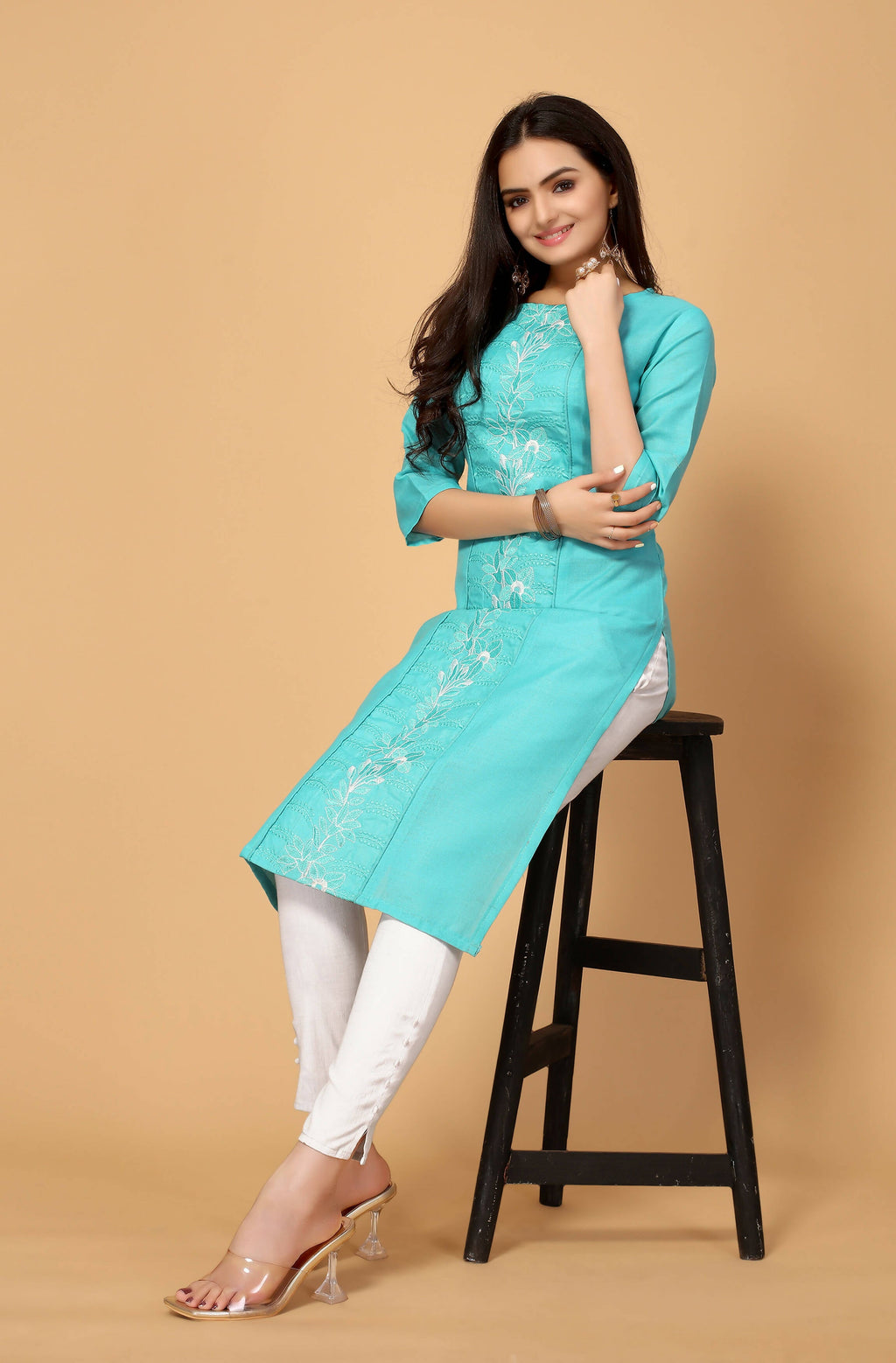 Light Green Cottan Slub Embroidery Kurti - Umi | Grocsy