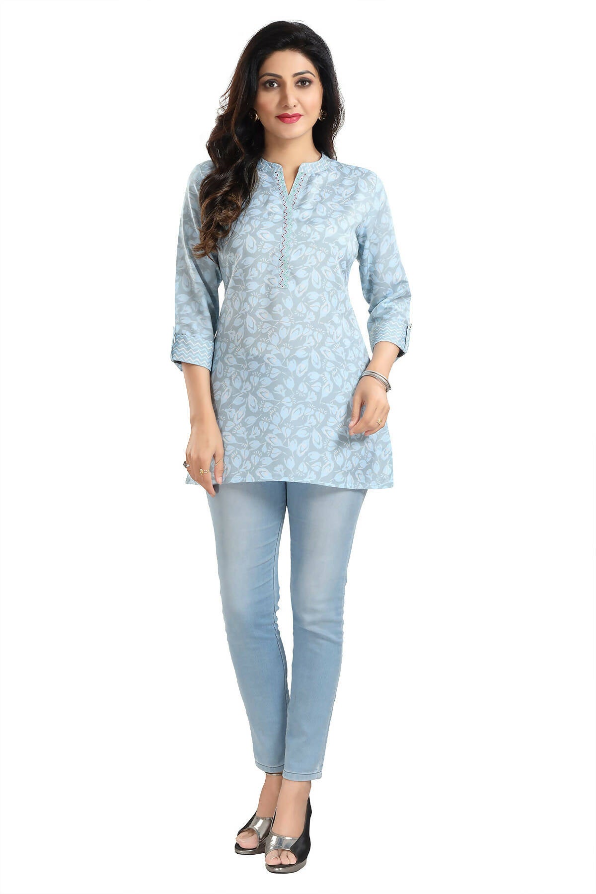 Snehal Creations Pretty Pastel Blue Rayon Short Kurti Tunic Top | Grocsy