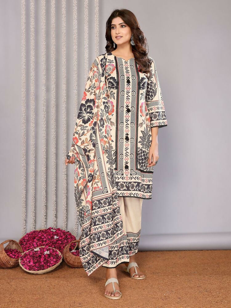 Joban Fashion Women Cream Linen Printed Stitched Kurta Set | Grocsy
