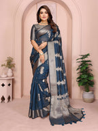 Aastha Fashion Teal Soft Organza Silk Weaving Saree | Grocsy