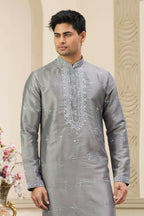 Raivat Ethnic Banarasi Art Silk Thread and Mirror Work Kurta Pajama In Grey Colour | Grocsy
