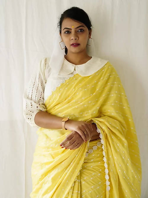 Diva Globe Customised Yellow Linen Saree With Flowers | Grocsy