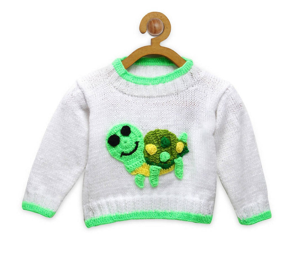 Chutput Kids Woollen Hand Knitted Turtle Design Sweater - White | Grocsy