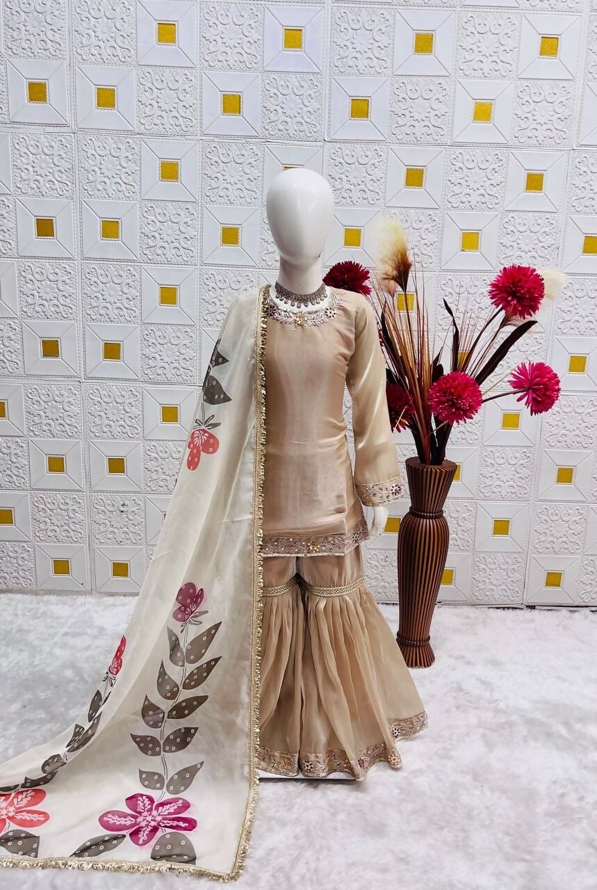 Teeya Creation New Kids Wedding Wear Heavy Embroidery Sequence Work Kurta Sharara Set-Beige | Grocsy