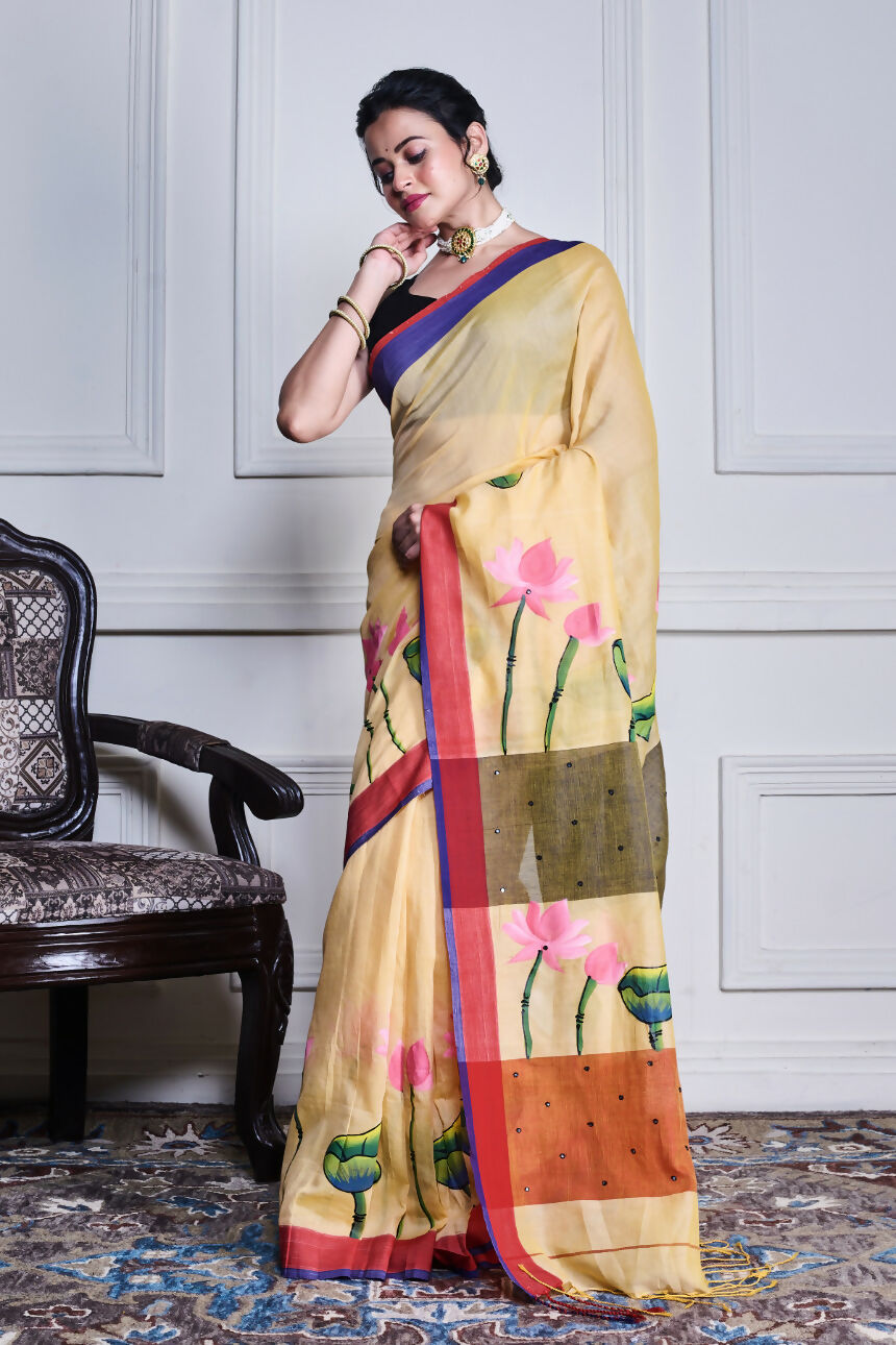 Morchari Multicolour Cotton Handloom Mirror Work Saree Unstitched Blouse | Grocsy