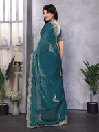 Vastranavya Teal Embroidery Work Shimmer Chiffon Saree with Unstitched Blouse | Grocsy