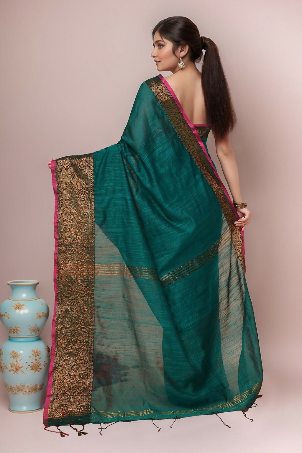 Joban Fashion Green Cotton Blend Handloom Saree | Grocsy