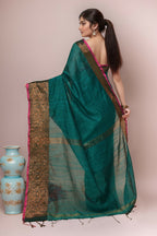 Joban Fashion Green Cotton Blend Handloom Saree | Grocsy
