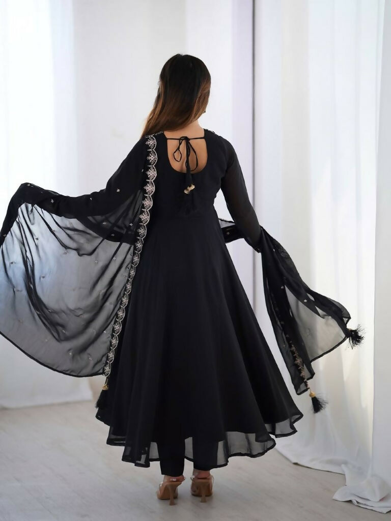 Teeya Creation Black Color Pure Soft Georgette Embroidery Work Gown | Grocsy