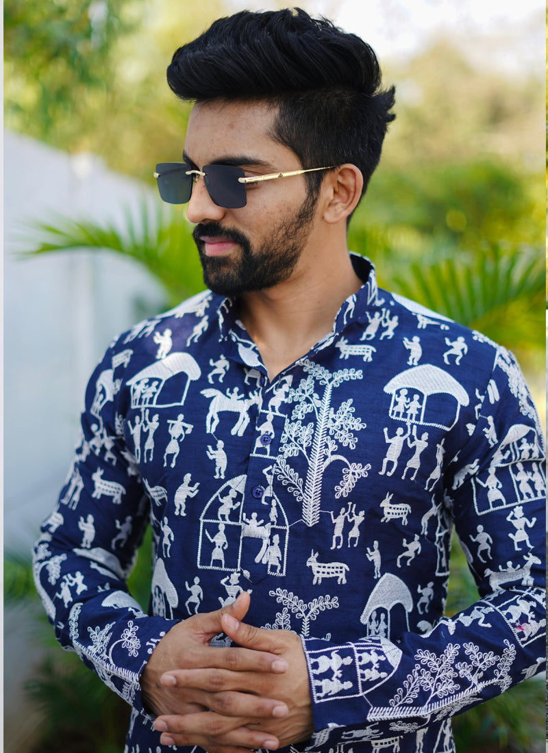Prazu Fashion Blue Lucknowi Silk Kurta With Pajama | Grocsy
