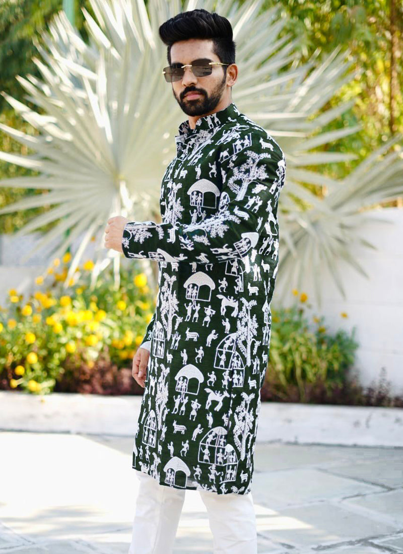 Prazu Fashion Green Lucknowi Silk Kurta With Pajama | Grocsy
