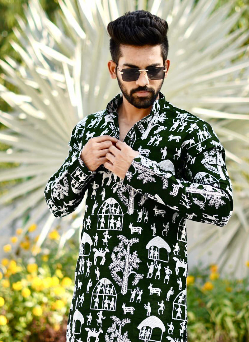 Prazu Fashion Green Lucknowi Silk Kurta With Pajama | Grocsy