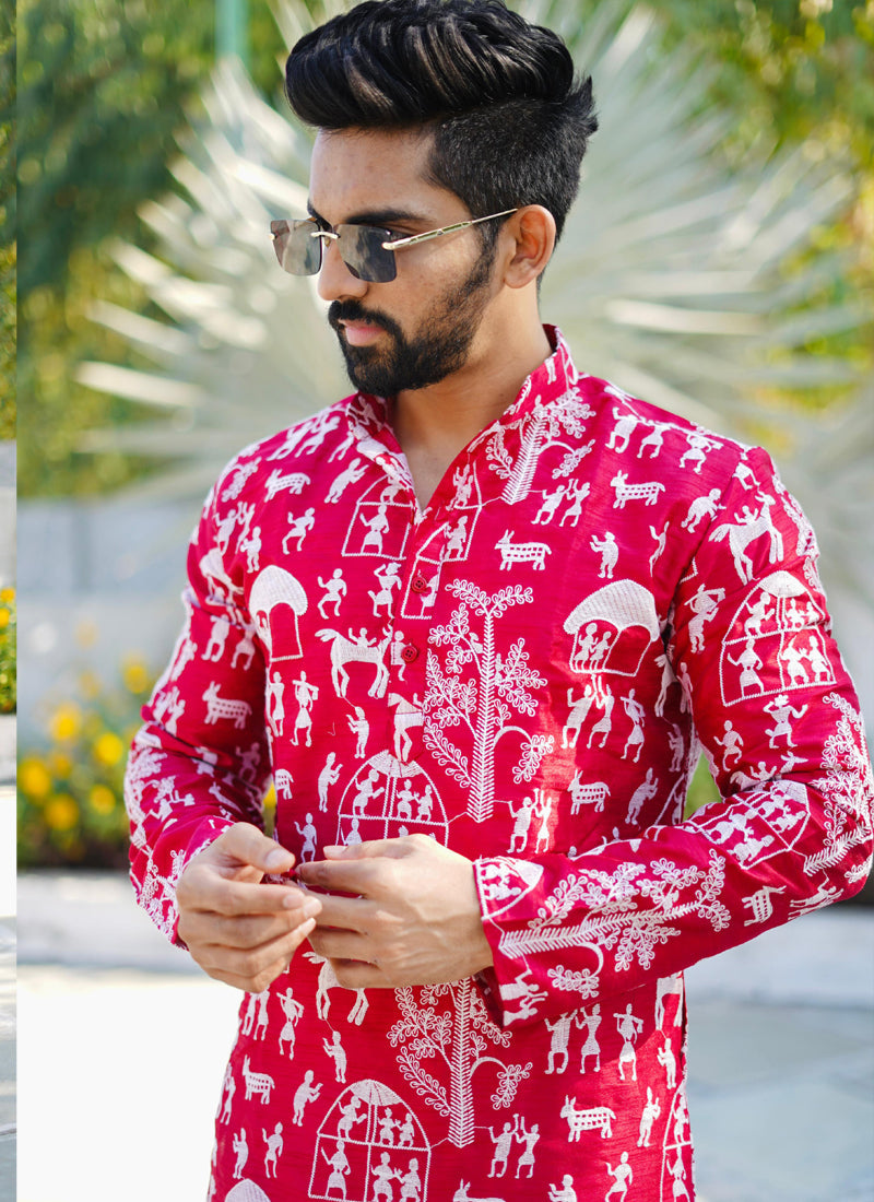 Prazu Fashion Red Lucknowi Silk Kurta With Pajama | Grocsy