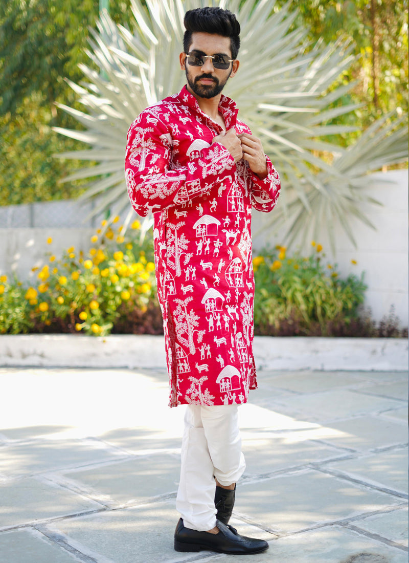 Prazu Fashion Red Lucknowi Silk Kurta With Pajama | Grocsy